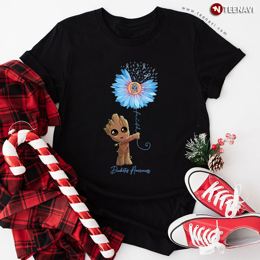 Diabetes Awareness Faith Baby Groot With Sunflower Gray Blue Ribbons T-Shirt