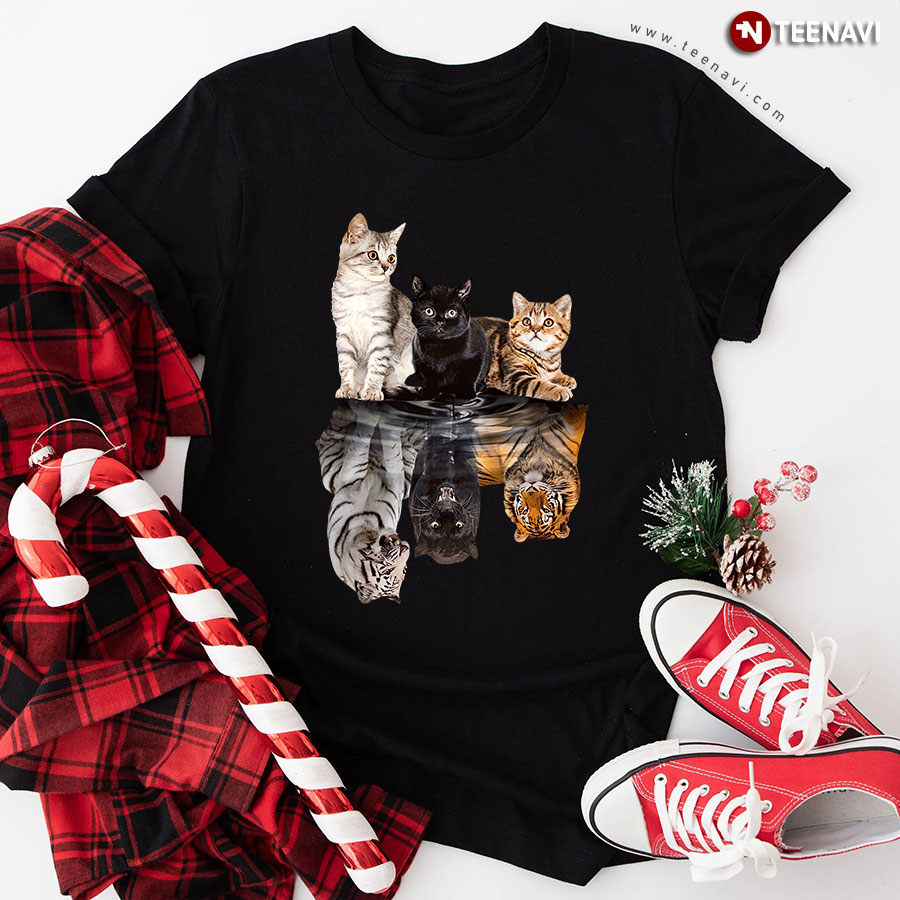 Three Cats And Tigers Water Mirror Reflection T-Shirt