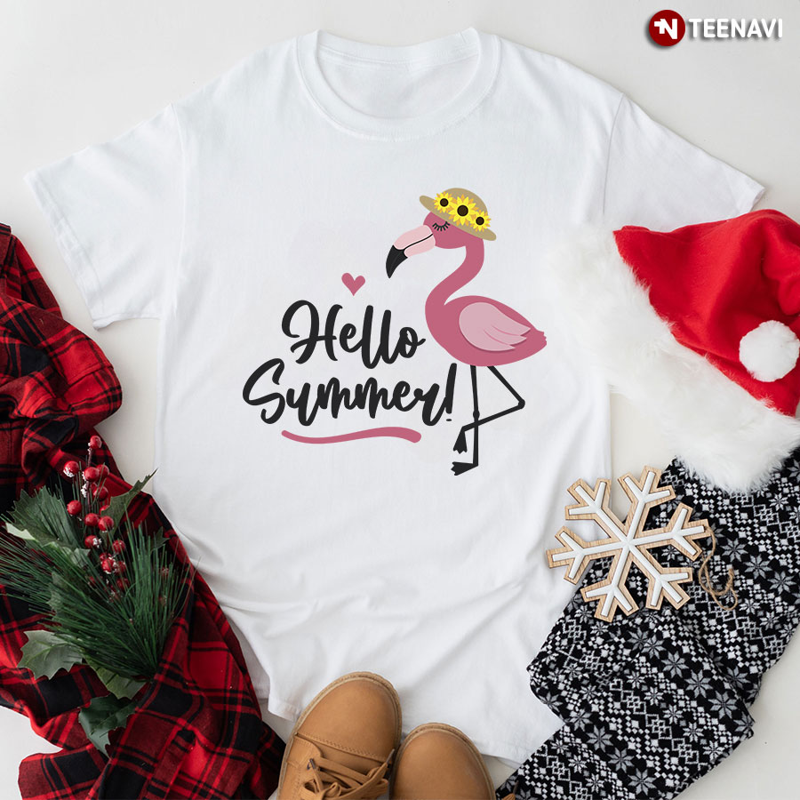 Hello Summer Funny Flamingo With Hat T-Shirt