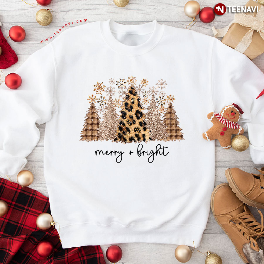 Merry Bright Christmas Tree Snowflake Leopard Sweatshirt