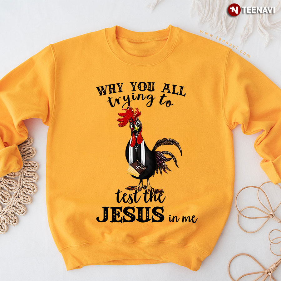 Why You All Trying To Test The Jesus In Me Rooster With Bible Book Sweatshirt