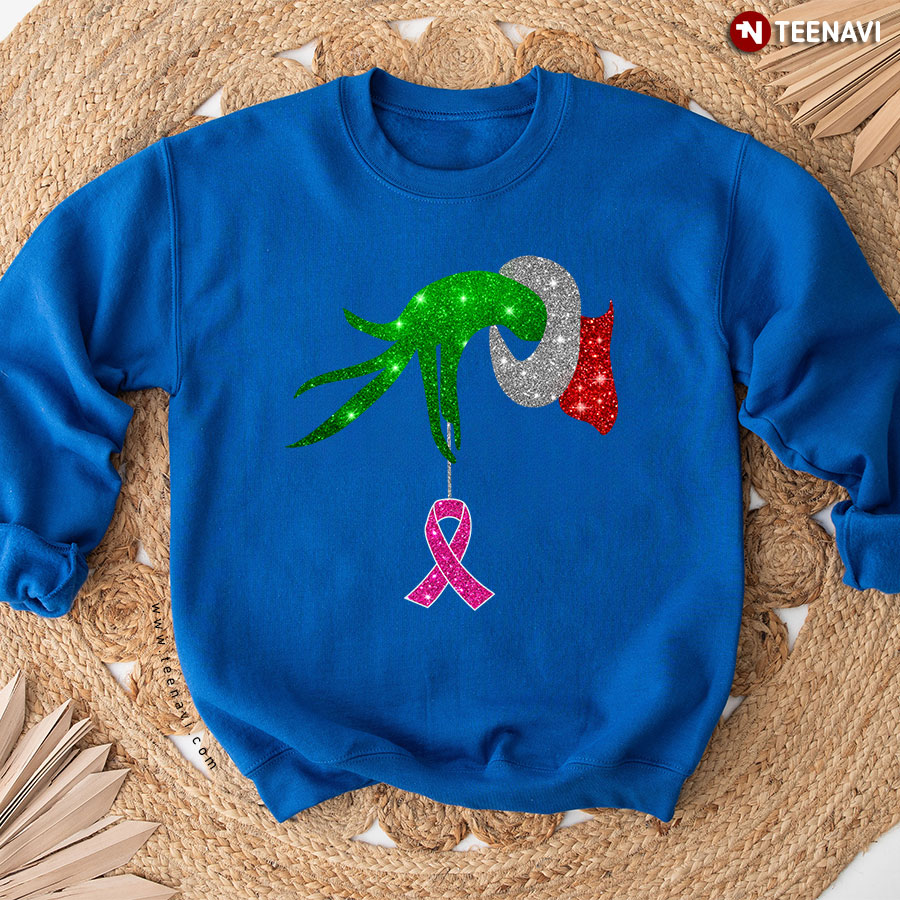 Grinch Hand Holding Breast Cancer Awareness Christmas Sweatshirt