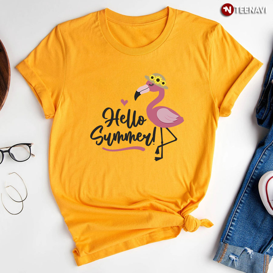 Hello Summer Funny Flamingo With Hat T-Shirt