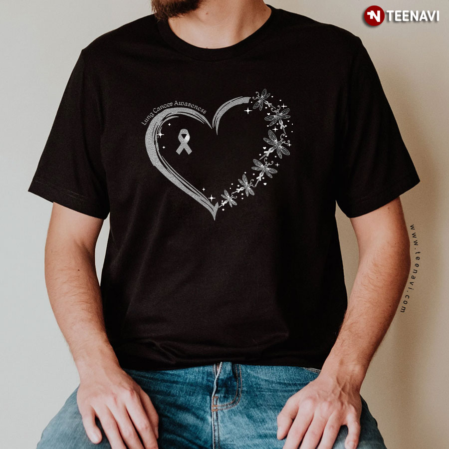 Lung Cancer Awareness Heart With White Ribbons And Dragonflies T-Shirt