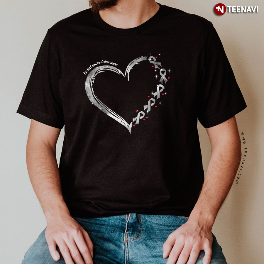 Brain Cancer Awareness Heart With Gray Ribbons T-Shirt