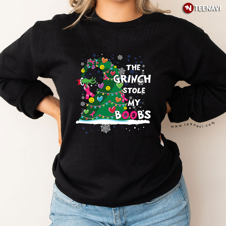 The Grinch Stole My Boobs Pink Ribbon Breast Cancer Awareness Christmas Tree Sweatshirt