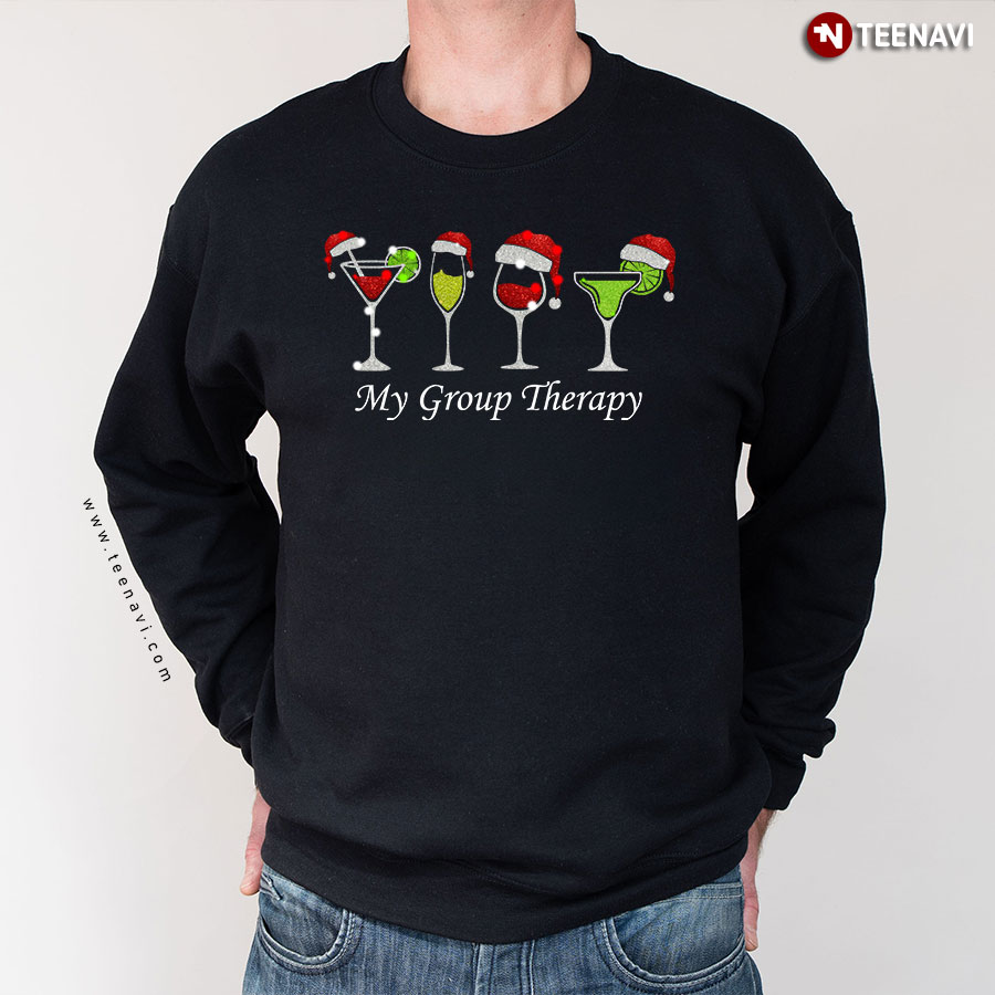 My Group Therapy Wine Cocktail Margarita With Santa Hat Christmas Sweatshirt