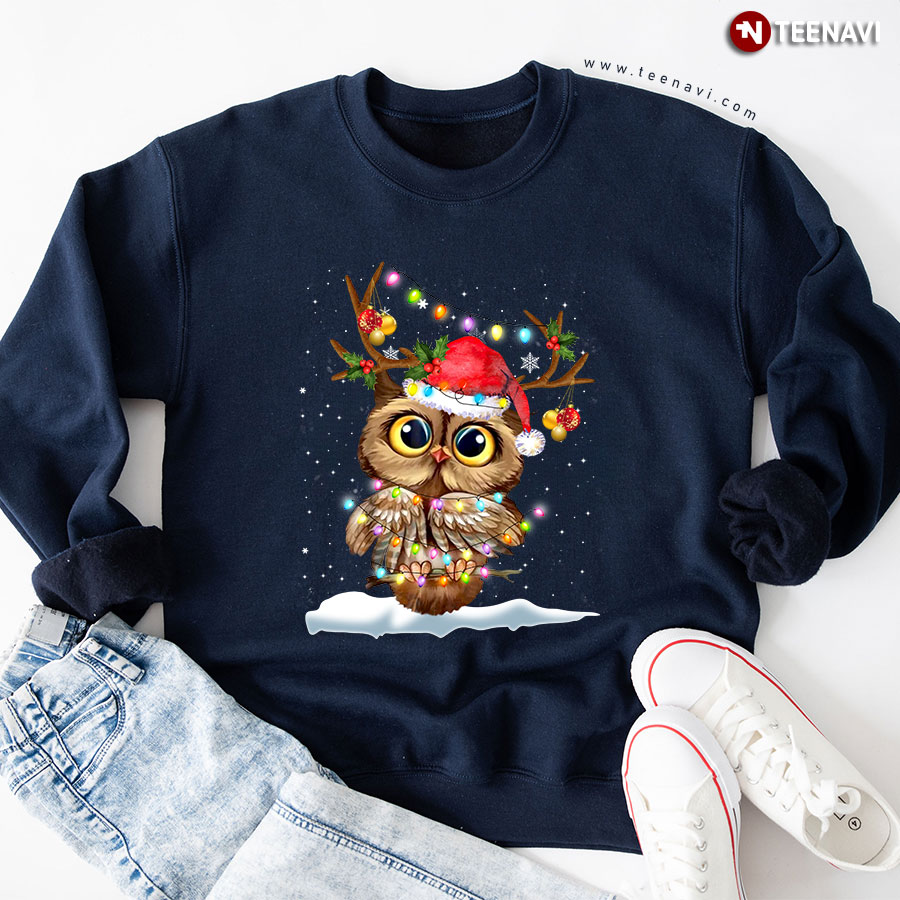 Santa Owl Christmas Light Snow Sweatshirt - Kids