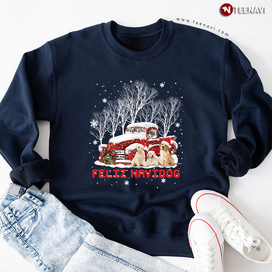 Feliz Navidog Golden Retriever Dog Red Truck Santa Hat Christmas Sweatshirt