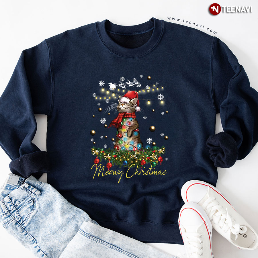 Meowy Christmas X'mas Tree Santa Cat Sweatshirt