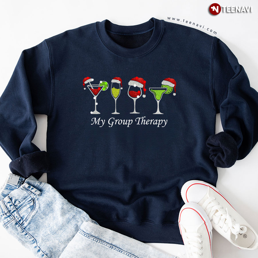 My Group Therapy Wine Cocktail Margarita With Santa Hat Christmas Sweatshirt