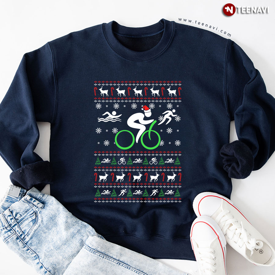 Triathlon Swimming Cycling Running Ugly Christmas Sweatshirt