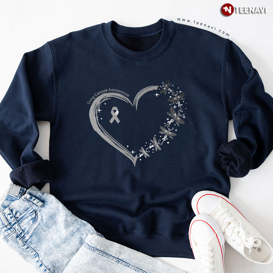 Lung Cancer Awareness Heart White Ribbon Dragonfly Sweatshirt