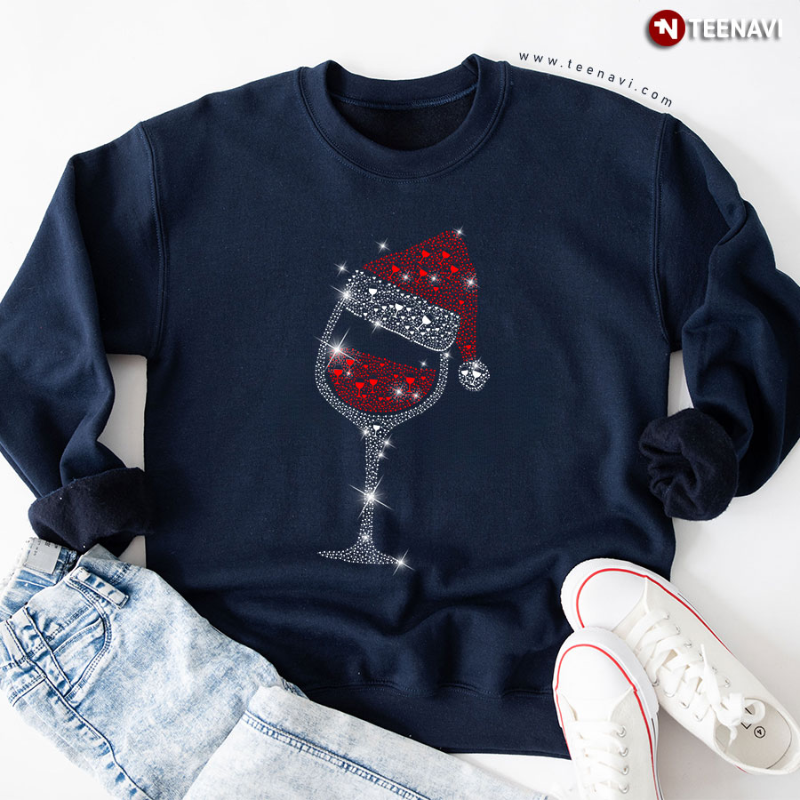 Rhinestone Glass Of Wine With Santa Hat Christmas Sweatshirt