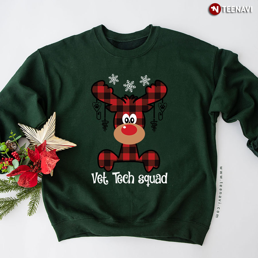 Vet Tech Squad Veterinary Technician Buffalo Plaid Reindeer Christmas Sweatshirt