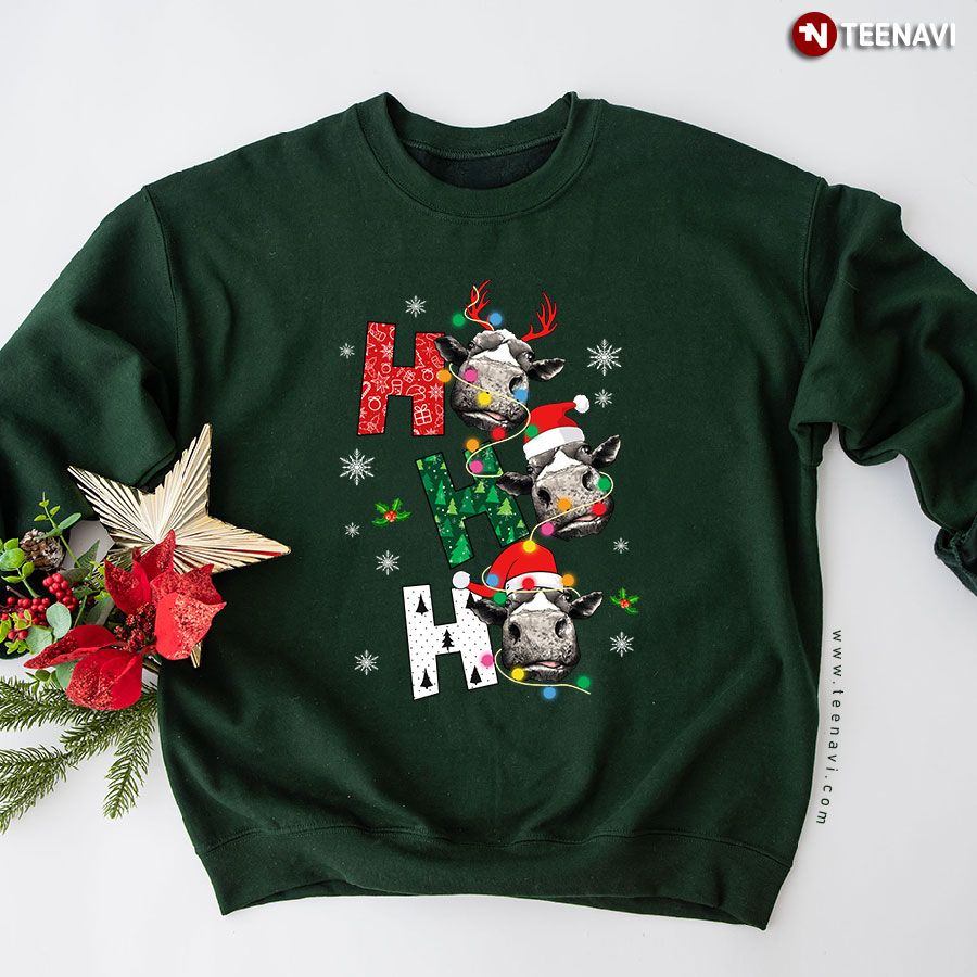 Ho Ho Ho Cow Santa Hat Reindeer Antlers Christmas Sweatshirt