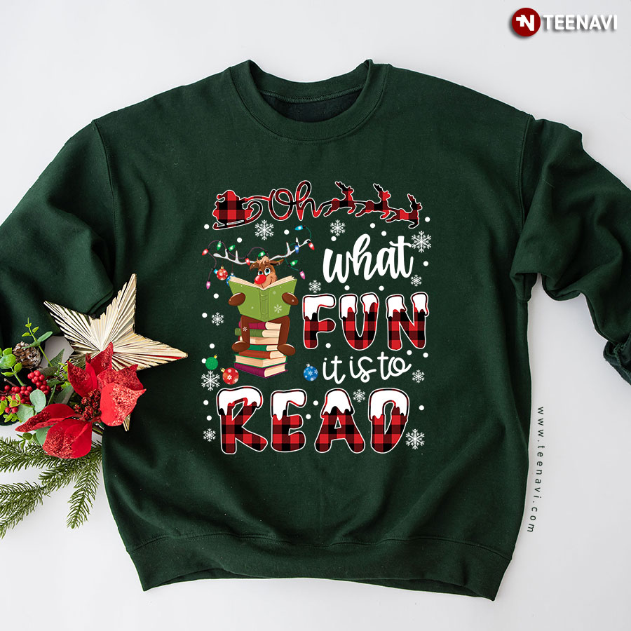What Fun It Is To Read Reindeer Book Lover Buffalo Plaid Christmas Sweatshirt