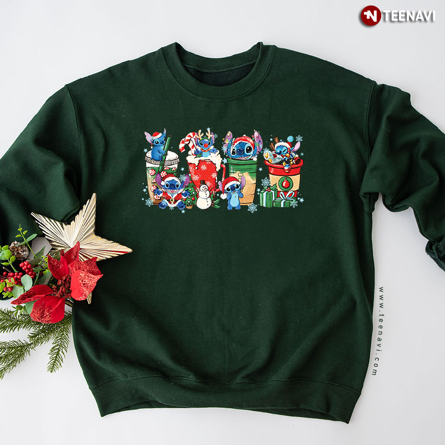 Santa Stitch Coffee Cup Snowman Christmas Gift Sweatshirt