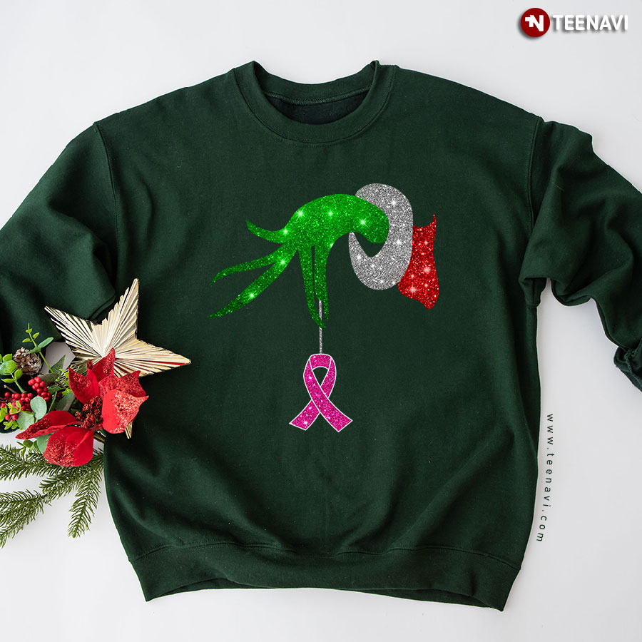 Grinch Hand Holding Breast Cancer Awareness Christmas Sweatshirt