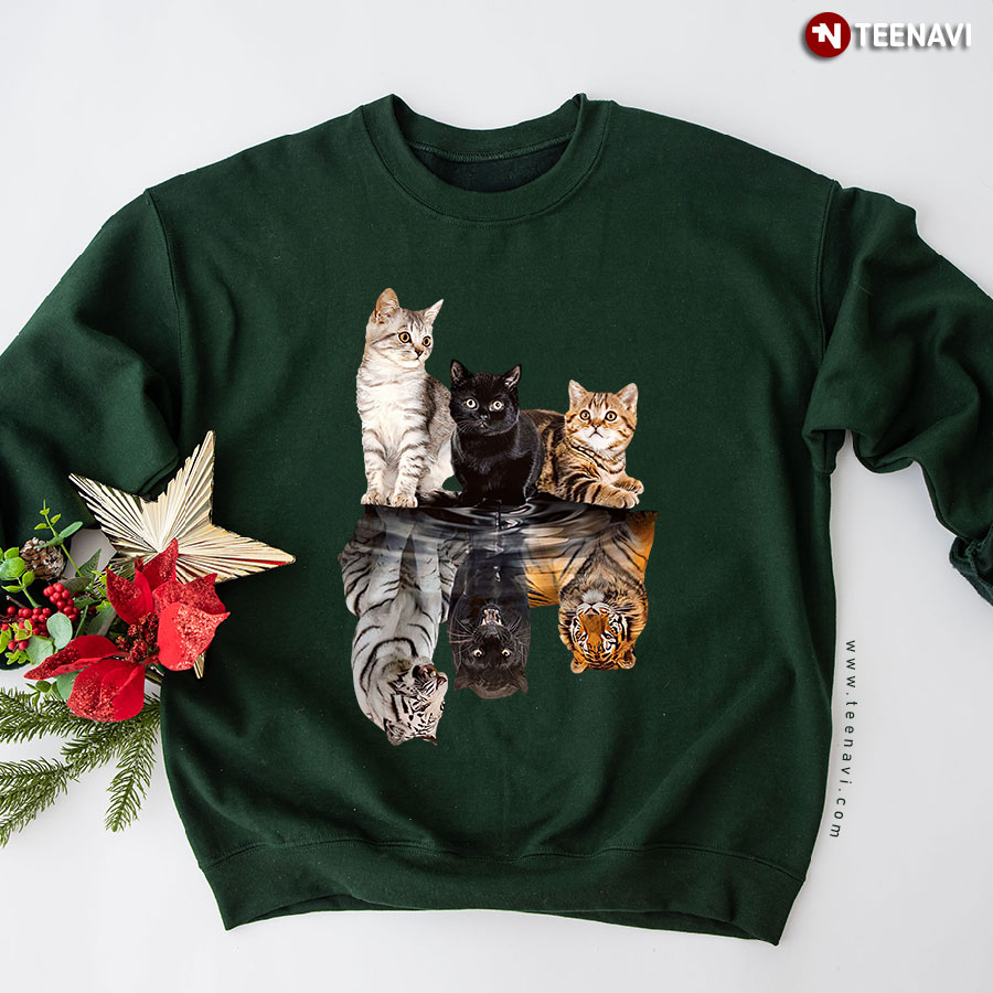 Three Adorable Cats Tigers Water Mirror Reflection Cat Tiger Lover Sweatshirt