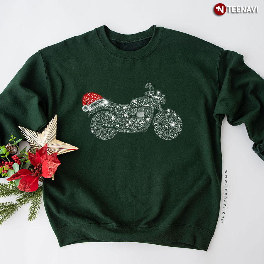 Rhinestone Motorcycle With Santa Claus Hat Christmas Sweatshirt