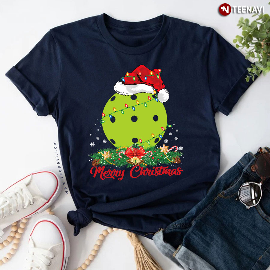 Merry Christmas Pickleball With Santa Hat And Lights T-Shirt