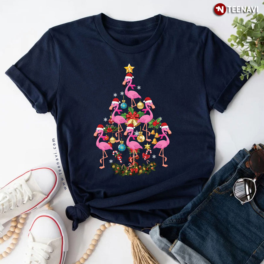 Christmas Tree Full Of Flamingos With Santa Hats T-Shirt