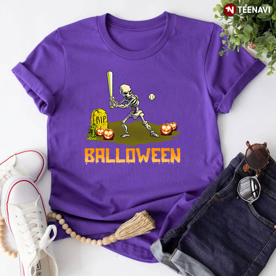 Balloween Skeleton Baseball Pumpkin Grave Halloween T-Shirt