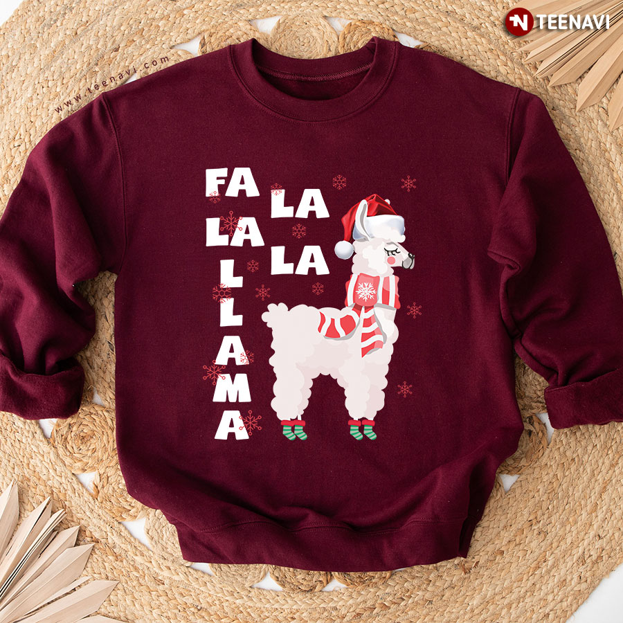 Fa La La La Llama Santa Hat Red Scarf Snowflake Christmas Sweatshirt