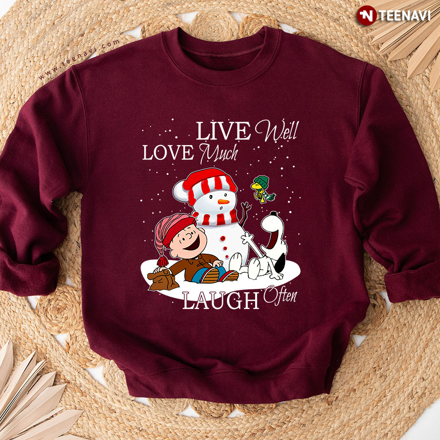 Live Well Love Much Laugh Often Snoopy Charlie Brown Woodstock Christmas Sweatshirt