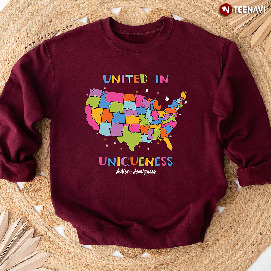 United In Uniqueness Autism Awareness American Map Puzzle Piece Sweatshirt