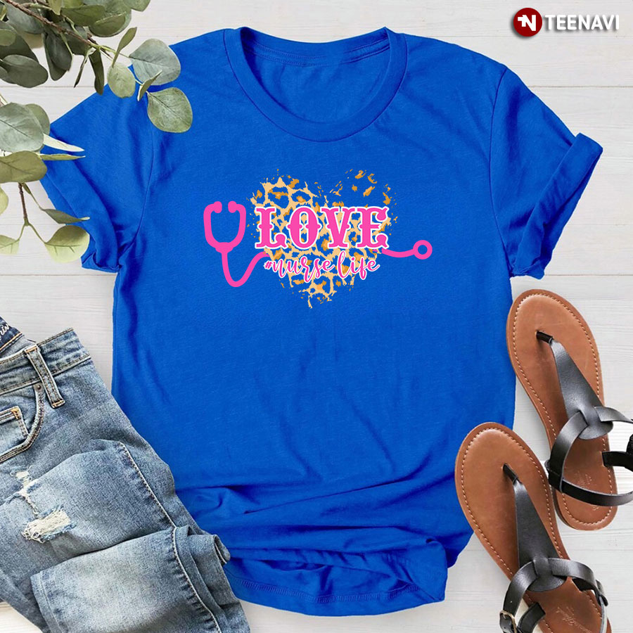 Love Nurse Life Stethoscope Leopard Heart T-Shirt