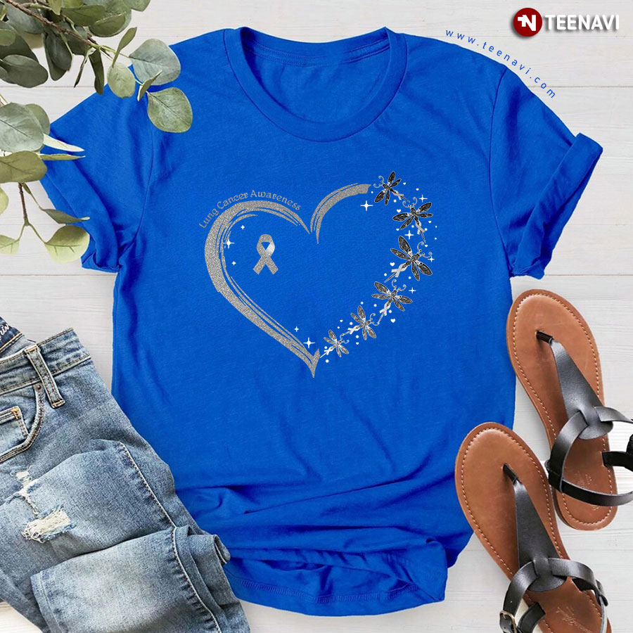 Lung Cancer Awareness Heart With White Ribbons And Dragonflies T-Shirt