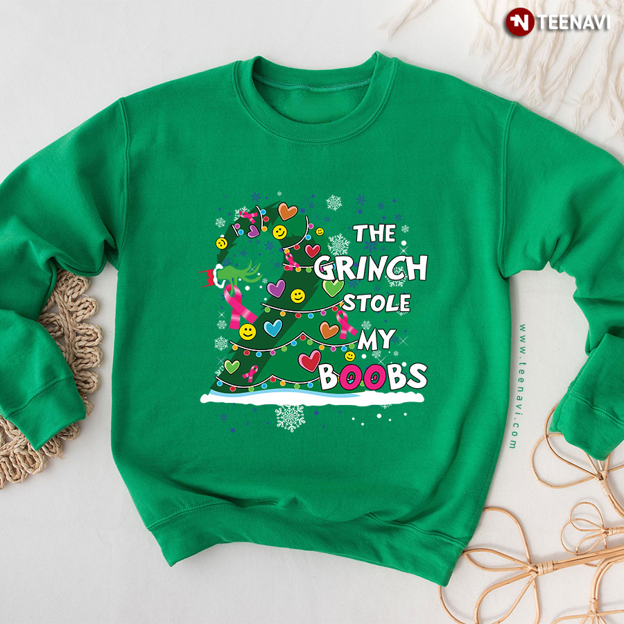 The Grinch Stole My Boobs Pink Ribbon Breast Cancer Awareness Christmas Tree Sweatshirt