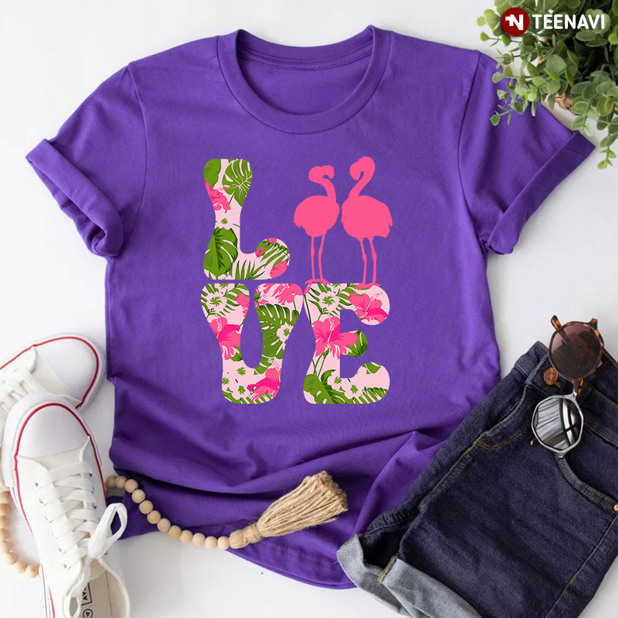 Love Tropical Flower Leaf Pink Flamingo T-Shirt