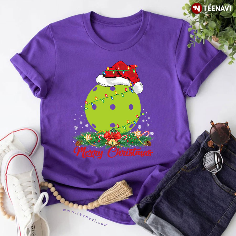 Merry Christmas Pickleball With Santa Hat And Lights T-Shirt