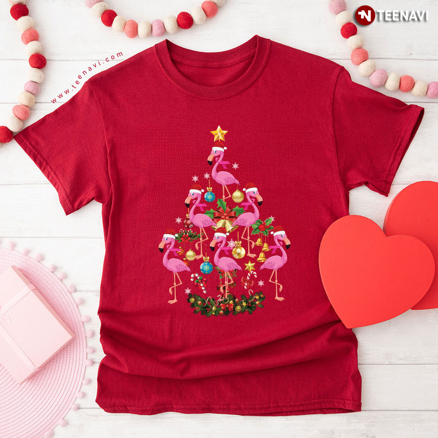 Christmas Tree Full Of Flamingos With Santa Hats T-Shirt