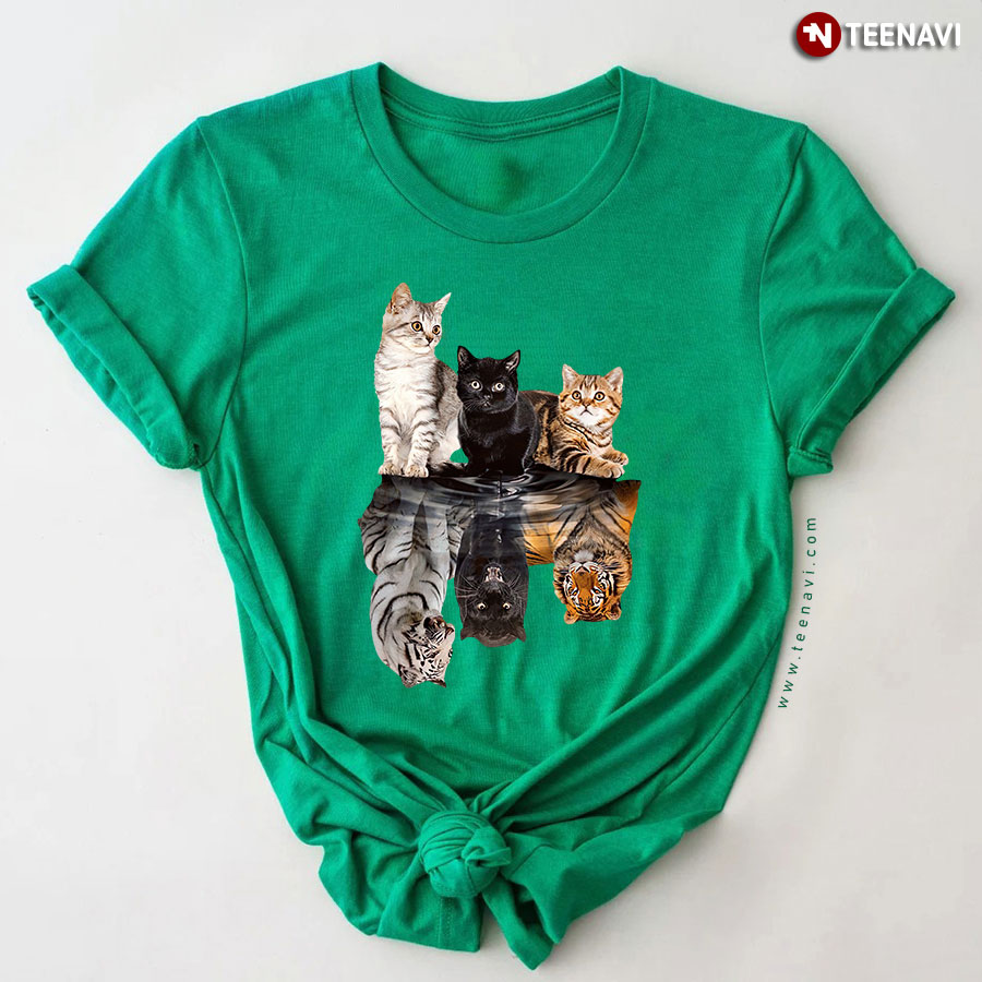 Three Cats And Tigers Water Mirror Reflection T-Shirt