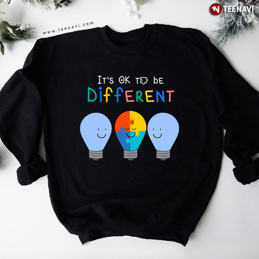 It's Ok To Be Different Smiling Light Bulb Autism Awareness Puzzle Piece Sweatshirt