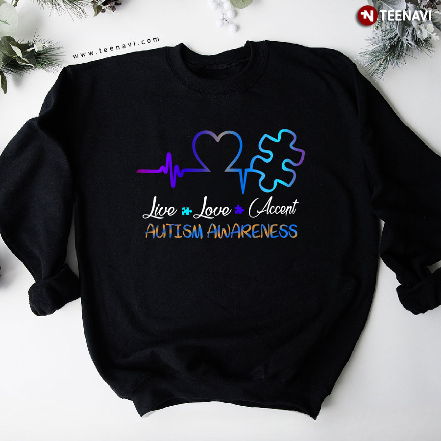 Live Love Accept Autism Awareness Heartbeat Autism Puzzle Piece Sweatshirt
