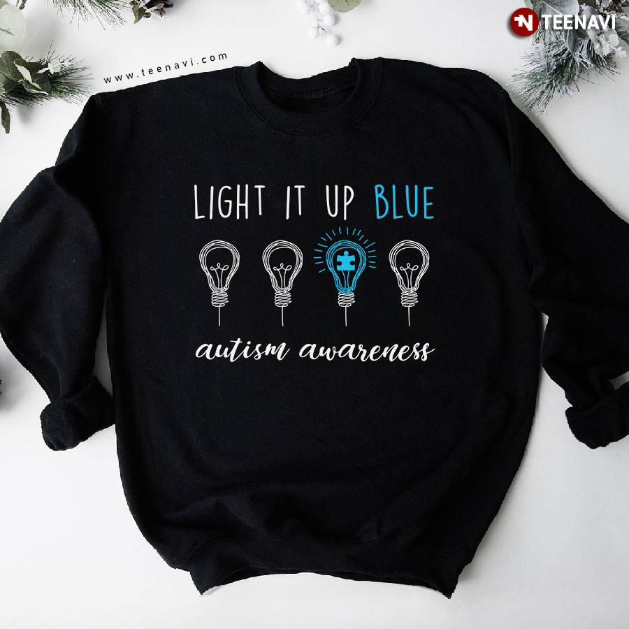 Light It Up Blue Autism Awareness Light Bulbs Puzzle Pieces Sweatshirt