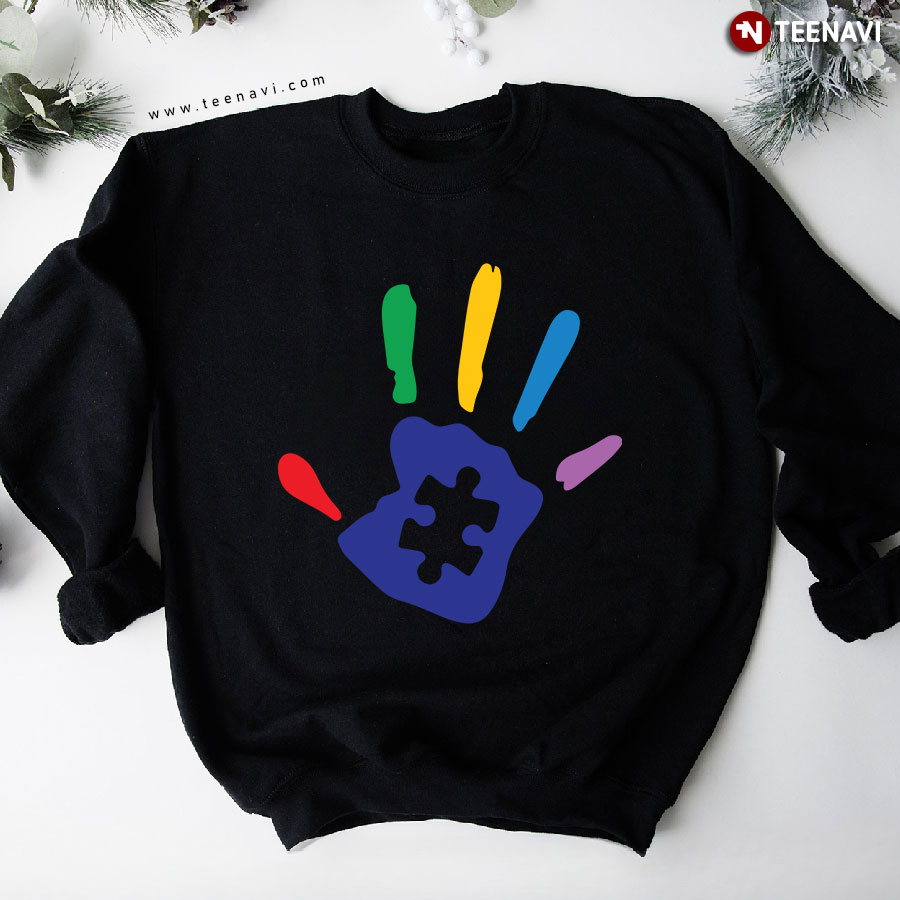 Colorful Human Hand Autism Awareness Puzzle Piece Sweatshirt