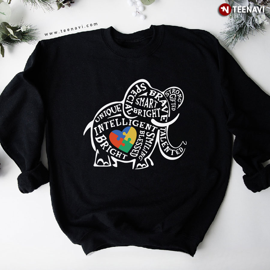 Elephant Typography Autism Awareness Puzzle Piece Heart Sweatshirt