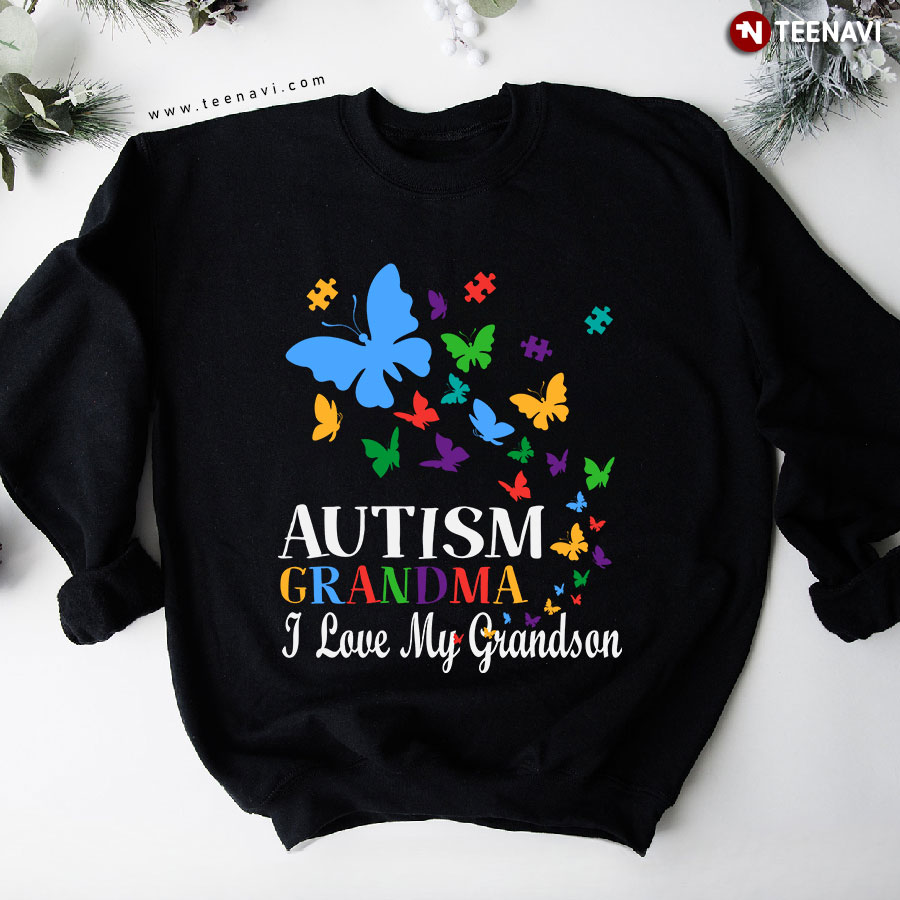 Autism Grandma I Love My Grandson Butterfly Puzzle Piece Sweatshirt
