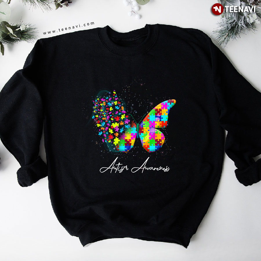 Autism Awareness Colorful Puzzle Pieces Butterfly Sweatshirt