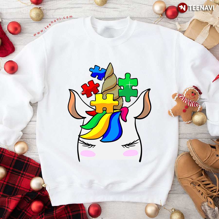 Unicorn Lover Autism Awareness Colorful Puzzle Pieces Sweatshirt