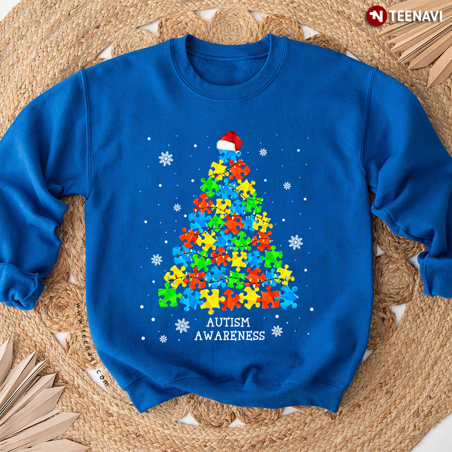 Autism Awareness Christmas Tree Puzzle Piece Proud Autistic Person Sweatshirt