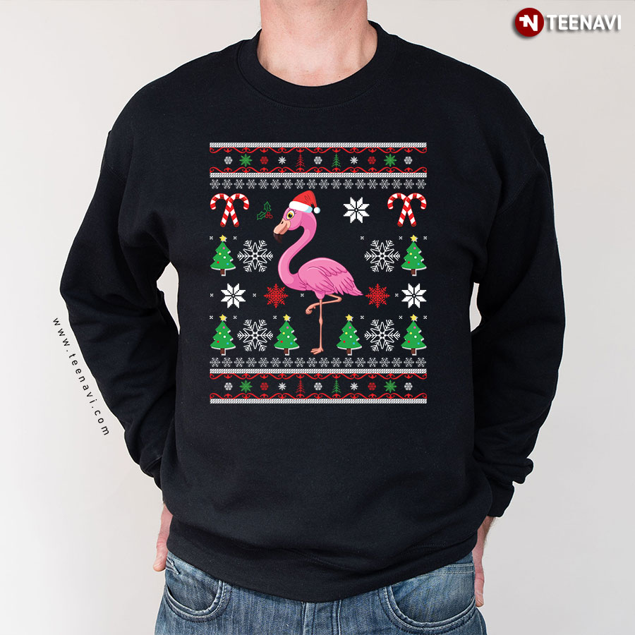 Lovely Flamingo With Santa Hat Ugly Christmas Sweatshirt