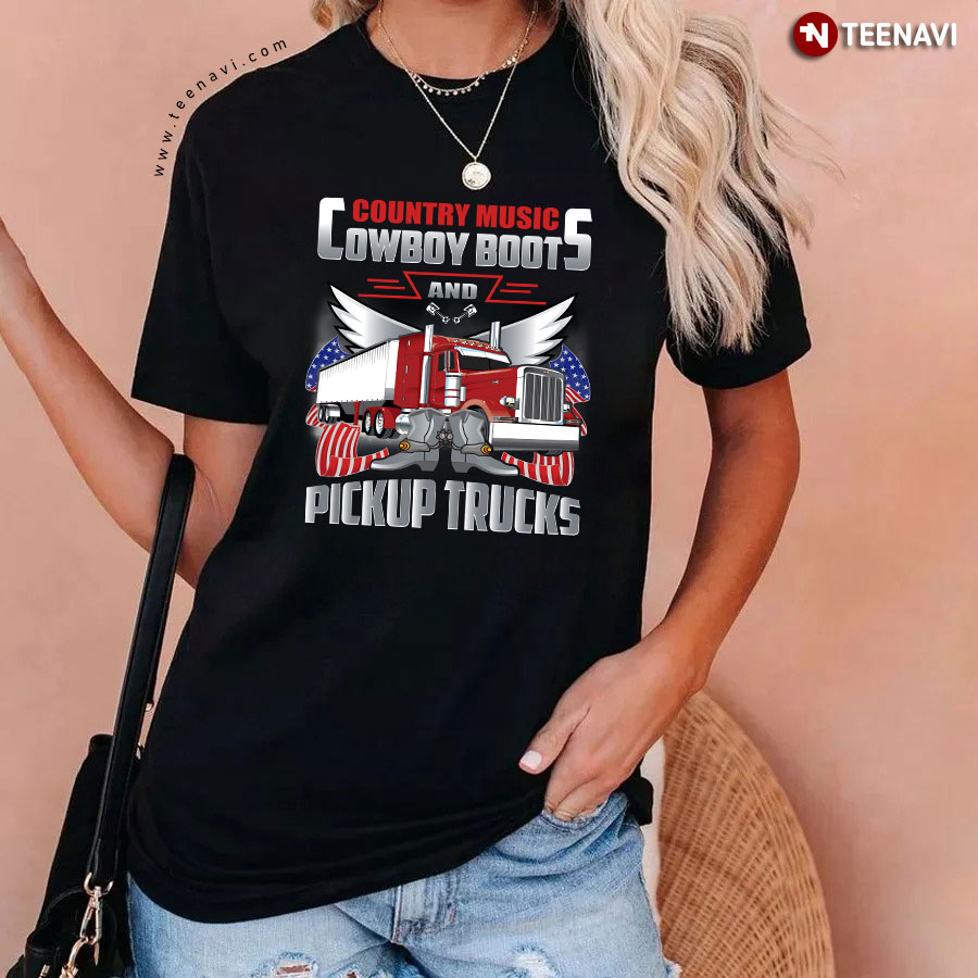 Country Music Cowboy Boots And Pickup Trucks American Flag T-Shirt