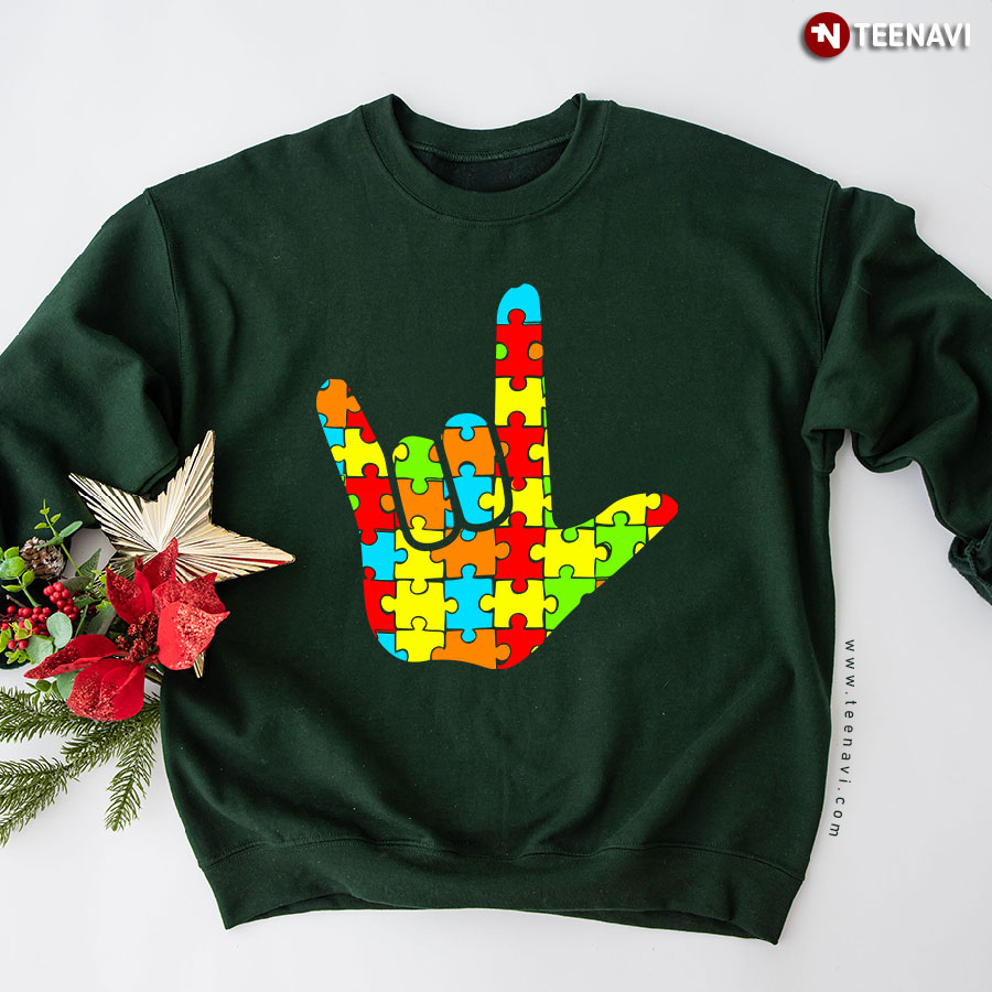 I Love You Sign Language Autism Puzzle Autism Awareness Sweatshirt